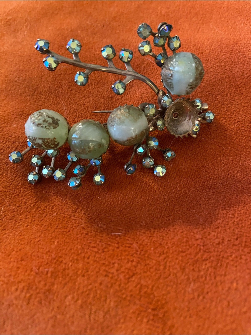 Vintage Green Bead and Aurora Rhinestone Floral Brooch